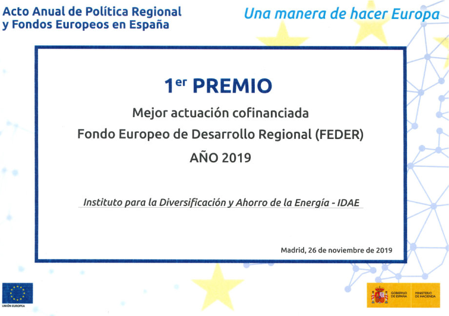 Diploma 1er. Premio Mejor actuación cofinanciada FEDER. Año 2019