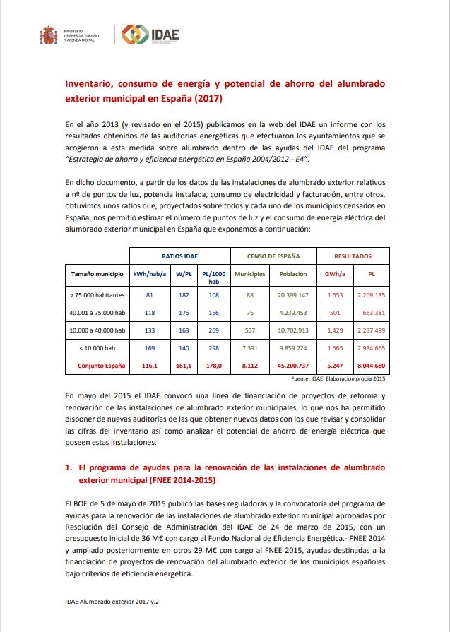 Inventario, consumo de energía y potencial de ahorro del alumbrado  exterior municipal en España (2017)