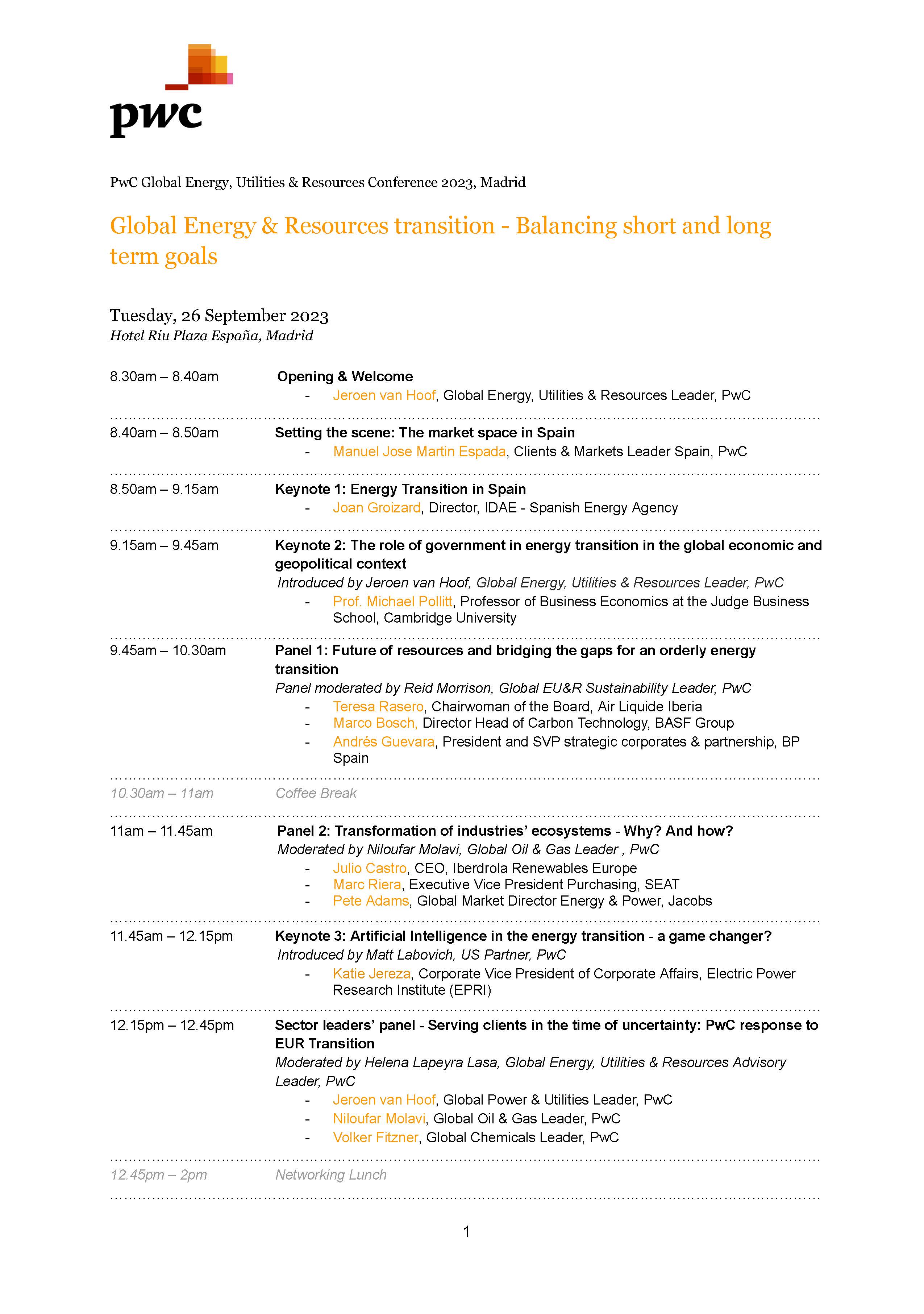 Global Energy & Resources Transition, organizado por PwC